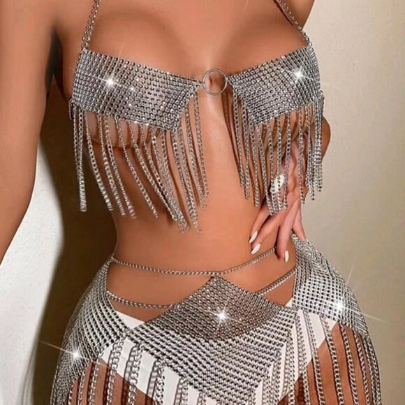 Women Sexy Sparkly Rhinestone Metal Chain Halter Top and Skirt Bodysuit  2 Piece - Picture 6 of 13